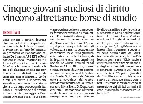 Premio Tesi di Laurea “Antonio Milo”: premiati cinque giovani studiosi del diritto