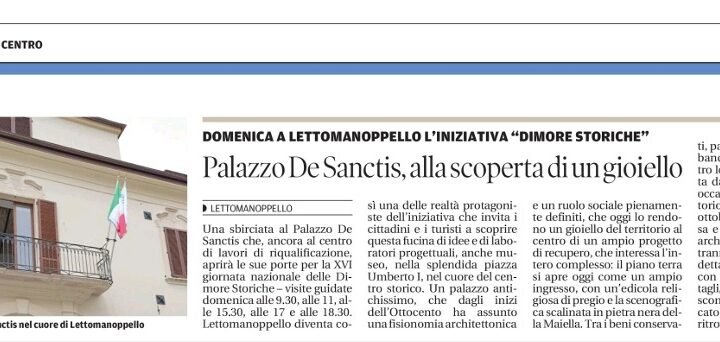Domenica apertura al pubblico di Palazzo De Sanctis tra le Dimore Storiche d’Abruzzo